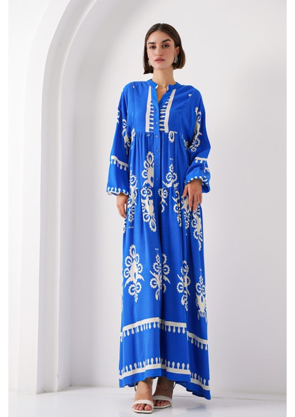 2423 Otantik Desenli Elbise - Beyaz - Lacivert modelleri