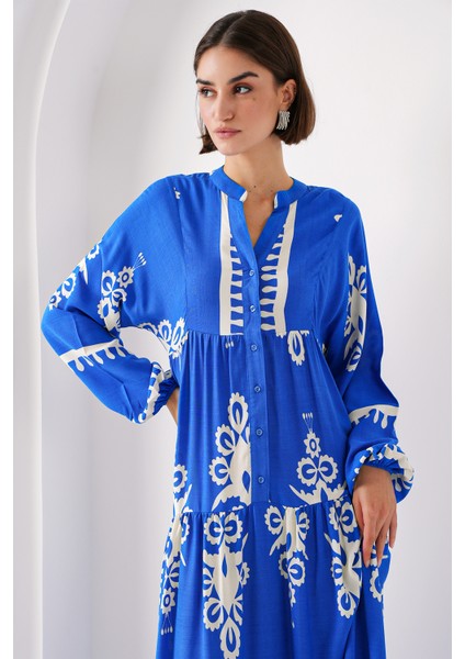 2423 Otantik Desenli Elbise - Beyaz - Lacivert fırsatları