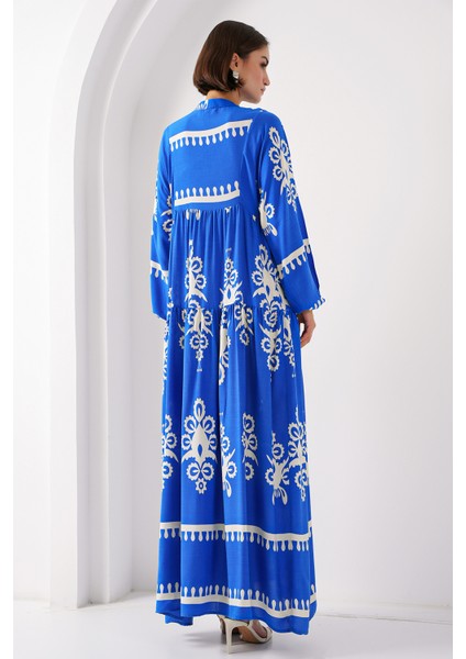 2423 Otantik Desenli Elbise - Beyaz - Lacivert indirimleri