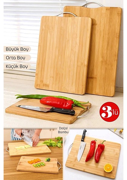 3'lü Bambu Kesim Panosu Lüx Üç Boy Çelik Saplı Peynir Servis Sunum Tepsi