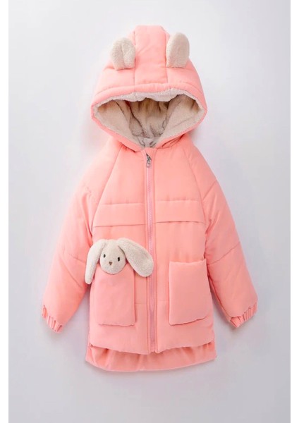 Yeni Sevimli Oyuncak Baby Tavşanlı-Içi Kürklü Soft Kumaş Cepli Kapüşonlu Çocuk Kışlık Mont-Kaban