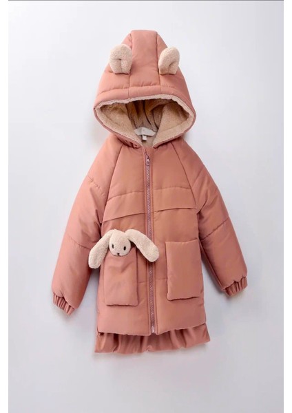 Yeni Sevimli Oyuncak Baby Tavşanlı-Içi Kürklü Soft Kumaş Cepli Kapüşonlu Çocuk Kışlık Mont-Kaban