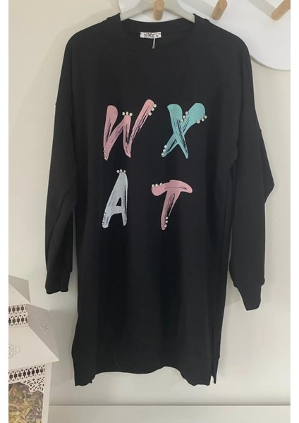Kadın Baskılı Taşlı Desenli Yumuşak Tunik Sweatshirt