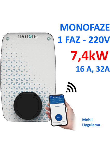 Monafaze, 1 Faz, 220V, 7,4Kw - 5Kw - 3,7Kw - 32A Kadar Ayarlanabilir. Elektrikli Araç Şarj Istasyonu