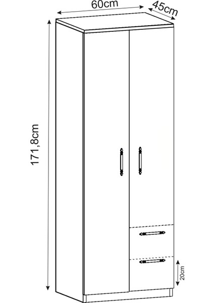 Vespera Çıta Detaylı, 2 Kapaklı, Çekmeceli Gardırop Beyaz, 60 cm