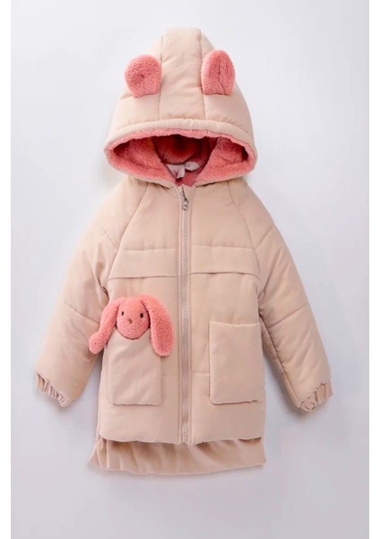 Yeni Sevimli Oyuncak Baby Tavşanlı-Içi Kürklü Soft Kumaş Cepli Kapüşonlu Çocuk Kışlık Mont-Kaban