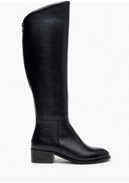 Ruby Siyah Deri Küt Burun Kadın Topuklu Çizme