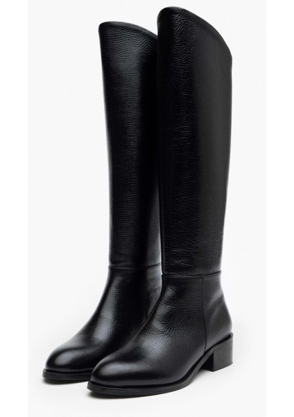 Ruby Siyah Deri Küt Burun Kadın Topuklu Çizme fırsatları