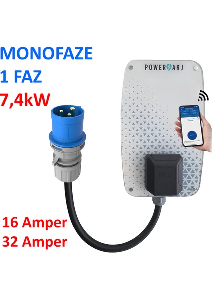 Monafaze, 1 Faz, 220V, 7,4Kw - 5Kw - 3,7Kw - 32A Kadar Yarlanabilir Elektrikli Araç Şarj Istasyonu