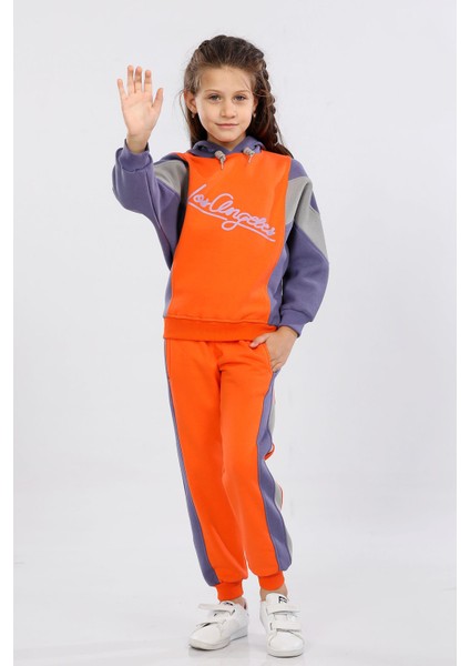 Kışlık Kalın Kız Çocuk Kapüşonlu Reglan Kol Detaylı Eşofman Takımı Turuncu MRN71101