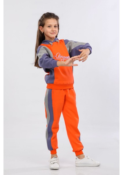 Kışlık Kalın Kız Çocuk Kapüşonlu Reglan Kol Detaylı Eşofman Takımı Turuncu MRN71101 fiyatları