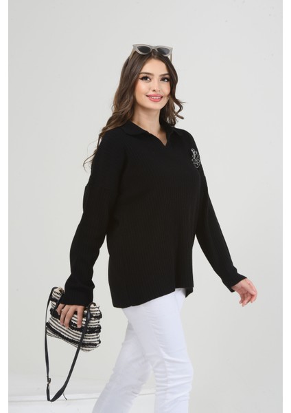 Modesbutik Yakalı Gül Işlemeli Oversize Siyah Triko Kazak