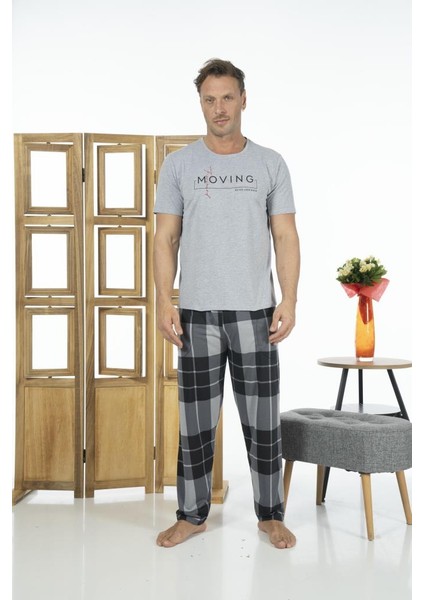 Erkek Uzun Kollu Kareli Yazlık Penye Pijama Takımı