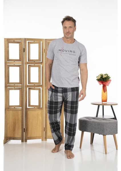 Erkek Uzun Kollu Kareli Yazlık Penye Pijama Takımı