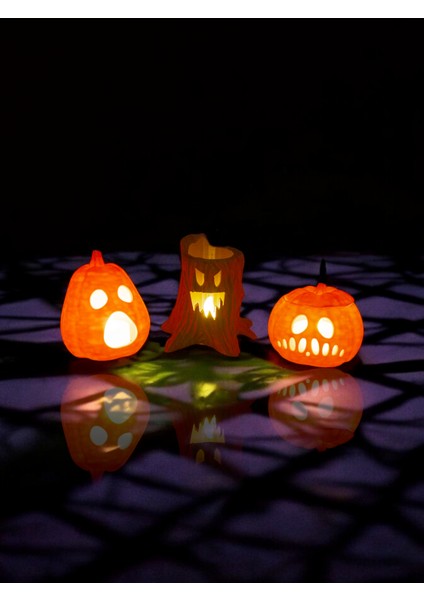 Megart3d Cadılar Bayramı 3'Lü Set - 2 Bal Kabağı Ve 1 Ağaç, Halloween Dekor, Tealight Mumluk