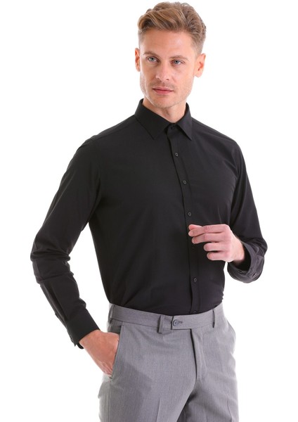 Erkek Siyah Slim Fit Pamuklu Uzun Kollu Gömlek