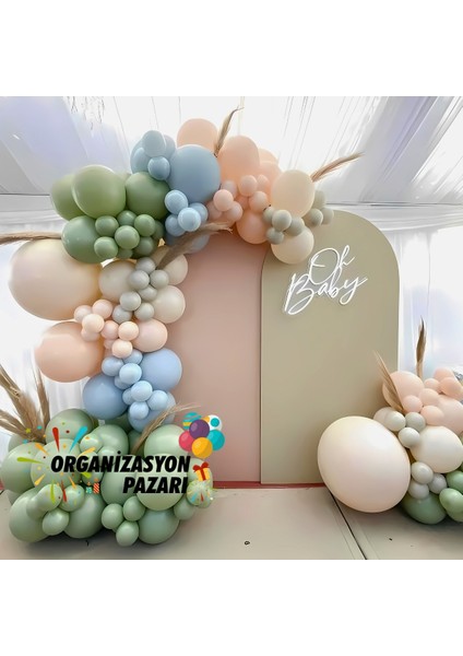Balon Seti Okaliptus-Makaron Mavi-Makaron Somon-Sütlü Kahve 60 Lı Balon Zinciri Seti