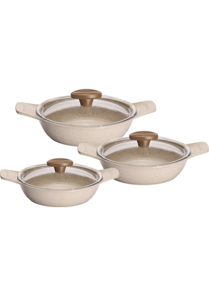 Döküm Saplı Güveç Sahan Set | 6 Parça | Vizon |18cm-20cm-22cm