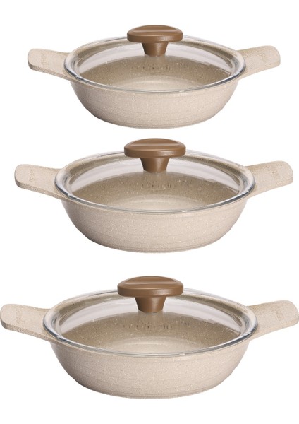 Döküm Saplı Güveç Sahan Set | 6 Parça | Vizon |18cm-20cm-22cm