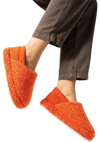 Kadın Lastikli Kaymaz Taban Peluş Havlu Kumaş Ev Ayakkabısı Panduf Turuncu