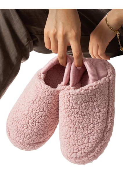 Kadın Lastikli Kaymaz Taban Peluş Havlu Kumaş Ev Ayakkabısı Panduf Pudra indirimleri