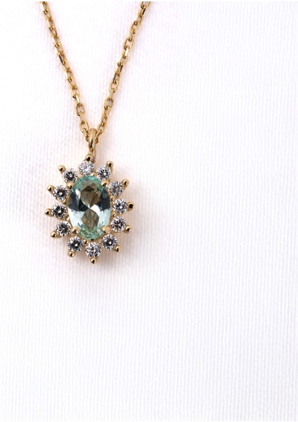 Altın Kolye - Green Topaz 0.90 CT Yeşim Taşı 0,24 CT Pırlanta (Signty) Anturaj 14 Ayar Altın Kolye modelleri