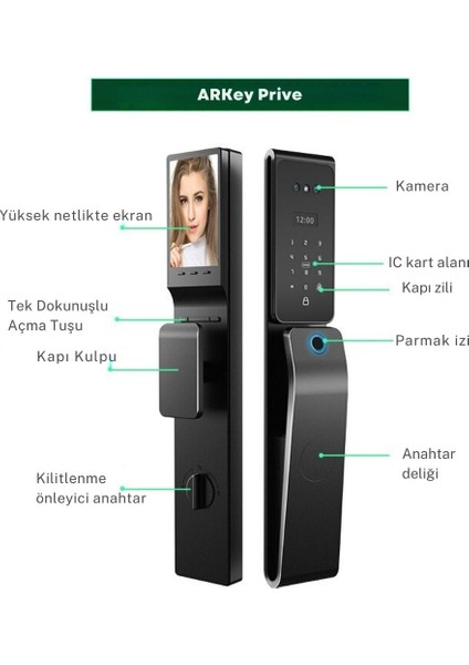 Arkiot Arkey Prive - Akıllı Kapı Kilidi (Yüz Tanıma - Parmak Izi - Ic Kart -Şifre)