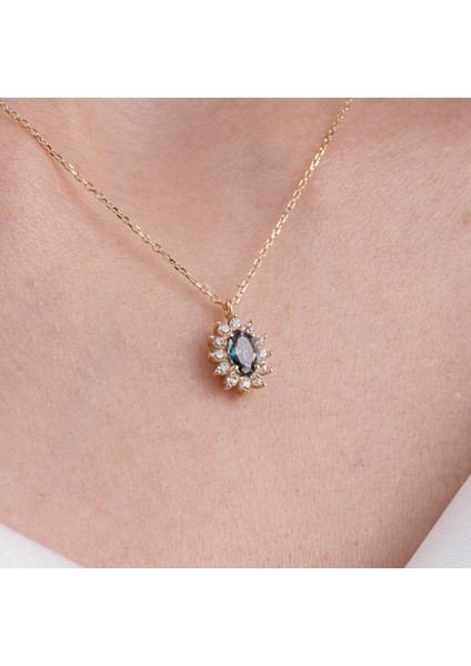 Altın Kolye - 0.95 CT Aleksandrıt 0.25 CT Swarovski Taşlı Anturajlı Vintage 14 Ayar Altın Kolye