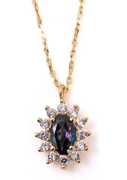 Altın Kolye - 0.95 CT Aleksandrıt 0.25 CT Swarovski Taşlı Anturajlı Vintage 14 Ayar Altın Kolye fiyatları