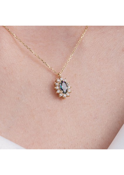 Altın Kolye - 0.95 CT Aleksandrıt 0.25 CT Swarovski Taşlı Anturajlı Vintage 14 Ayar Altın Kolye modelleri