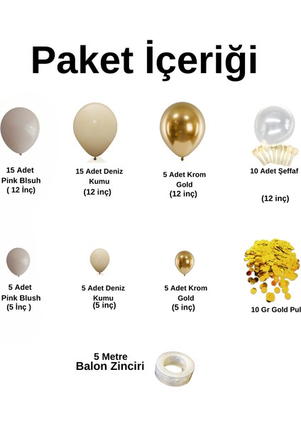 Balon Seti Pink Blush-Deniz Kumu-Krom Gold-Şeffaf 60 Lı Balon Zinciri Seti +10GrGoldPul fiyatları