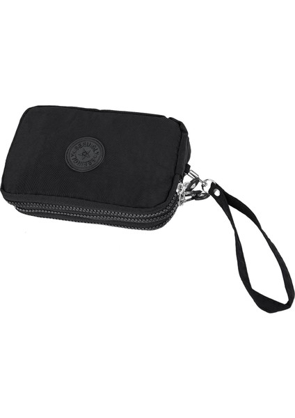 Kadın Yıkama Kırışık Kumaş Telefon Çanta Üç Fermuarlı Siyah (Yurt Dışından)