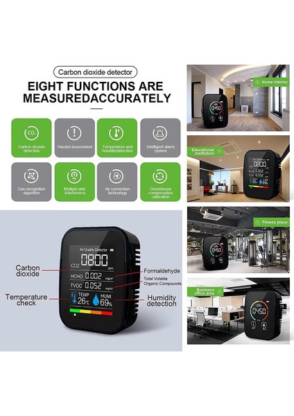 5'i 1 Arada Co2 Metre Dijital Sıcaklık Nem Sensörü Test Cihazı Siyah (Yurt Dışından)