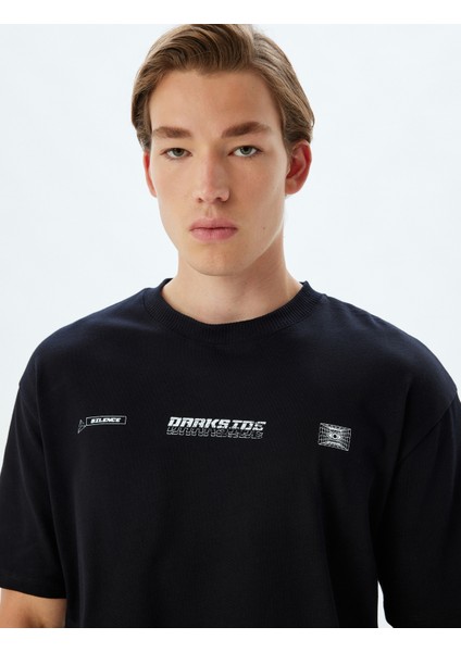 Oversize Tişört Slogan Baskılı Bisiklet Yaka Kısa Kollu Pamuklu