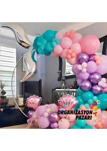 Balon Seti Pembe-Lila-Turkuaz-Krom Mor 60 Lı Balon Zinciri Seti