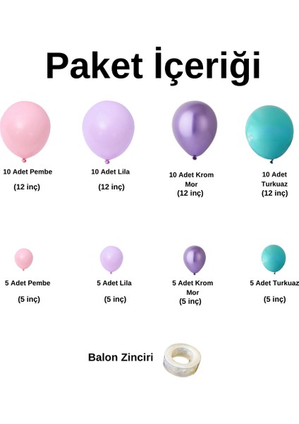 Balon Seti Pembe-Lila-Turkuaz-Krom Mor 60 Lı Balon Zinciri Seti fiyatları