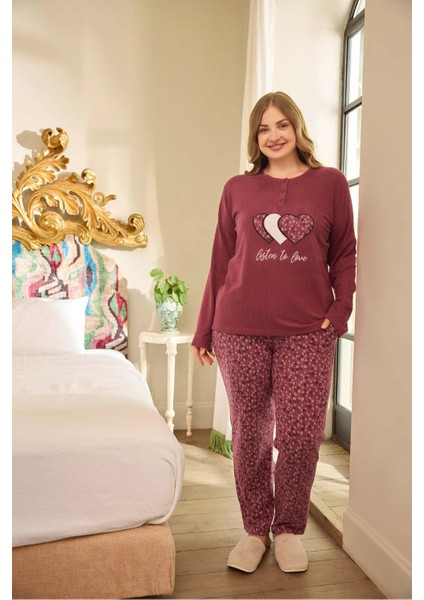 Kadın Suzi Büyük Beden Thermal Bordo Pijama Takım 0678