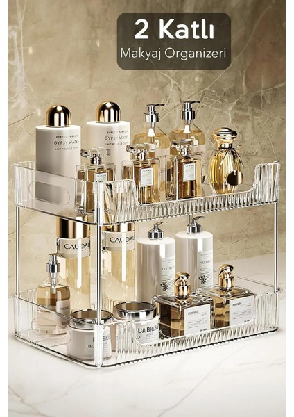 2 Katlı Makyaj Düzenleyici - Çok Amaçlı Organizer - Banyo Rafı - Banyo Kozmetik Takı Düzenleyici