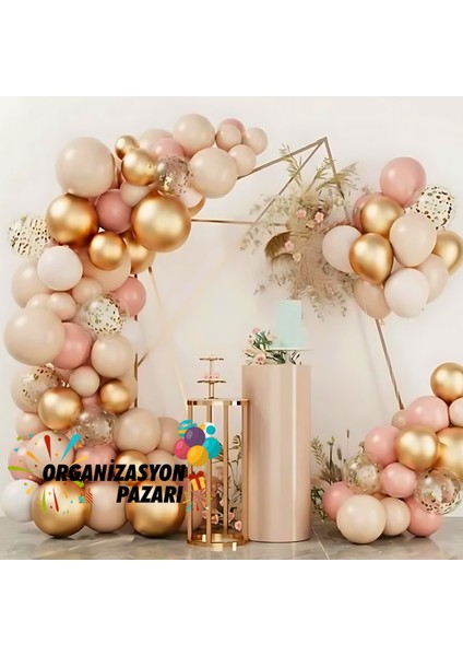 Balon Seti Pink Blush-Deniz Kumu-Krom Gold-Şeffaf 100 Lü Balon Zinciri Seti +10Gr Gold Pul