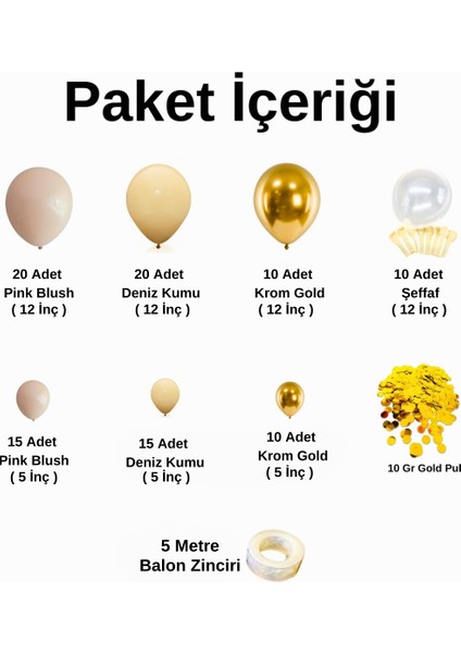 Balon Seti Pink Blush-Deniz Kumu-Krom Gold-Şeffaf 100 Lü Balon Zinciri Seti +10Gr Gold Pul fiyatları