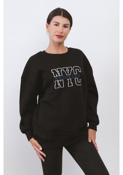 Kadın Oversize Sweatshirt Siyah Nyc Brooklyn Nakışlı Bisiklet Yaka Ribanalı - 9004