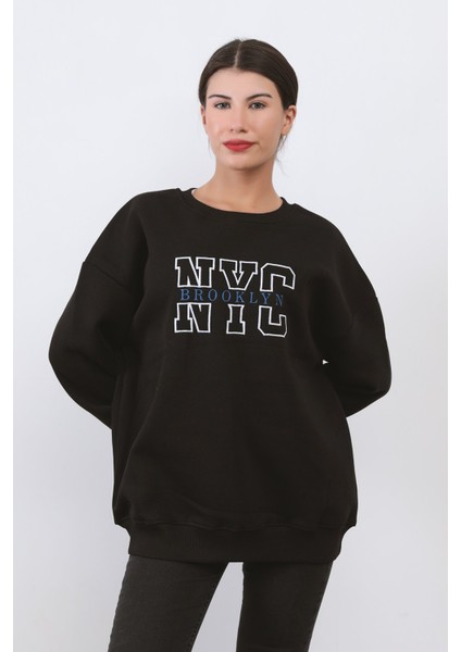 Kadın Oversize Sweatshirt Siyah Nyc Brooklyn Nakışlı Bisiklet Yaka Ribanalı - 9004