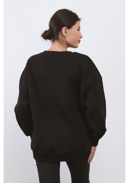 Kadın Oversize Sweatshirt Siyah Nyc Brooklyn Nakışlı Bisiklet Yaka Ribanalı - 9004