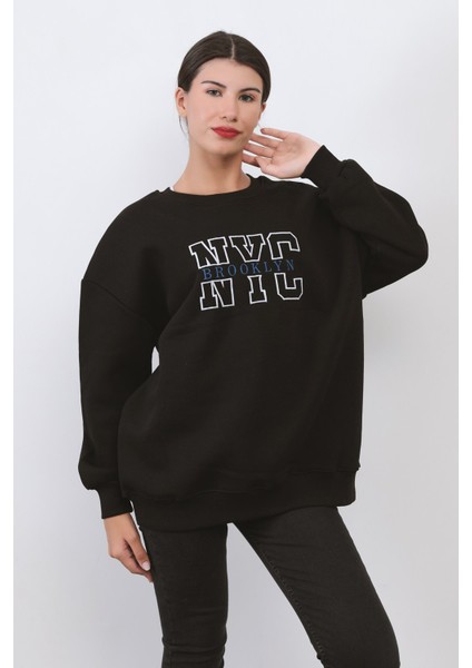 Kadın Oversize Sweatshirt Siyah Nyc Brooklyn Nakışlı Bisiklet Yaka Ribanalı - 9004