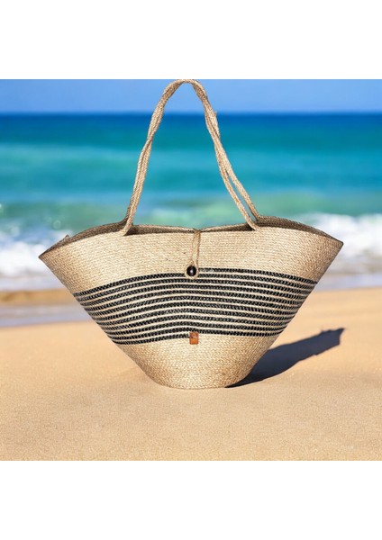 Siyah Detaylı Jüt Çanta 20X30 cm Üst Genişlik 54 Doğal Şık Tasarım
