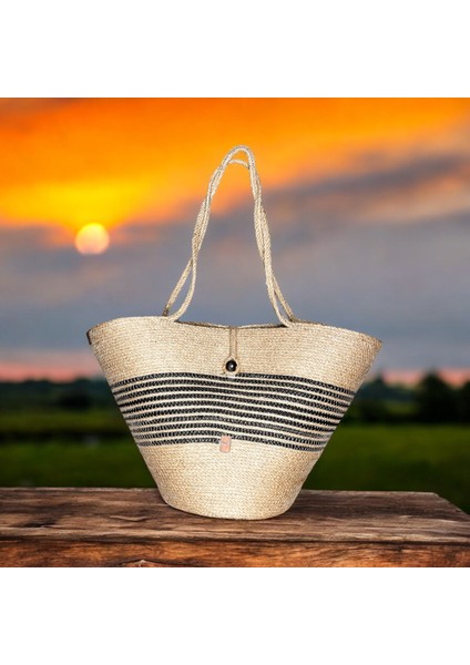 Siyah Detaylı Jüt Çanta 20X30 cm Üst Genişlik 54 Doğal Şık Tasarım fiyatları