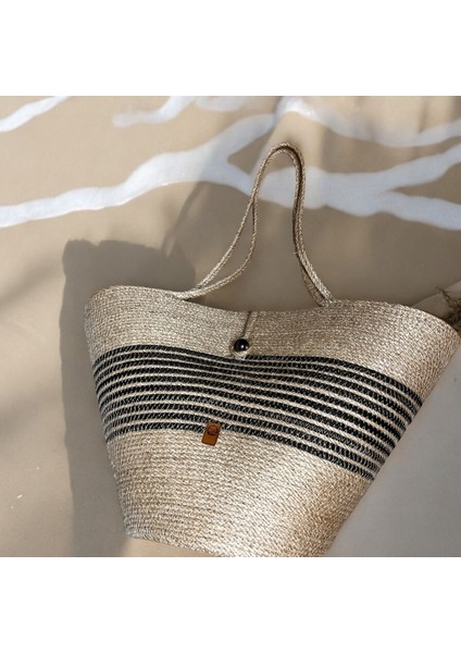 Siyah Detaylı Jüt Çanta 20X30 cm Üst Genişlik 54 Doğal Şık Tasarım indirimleri