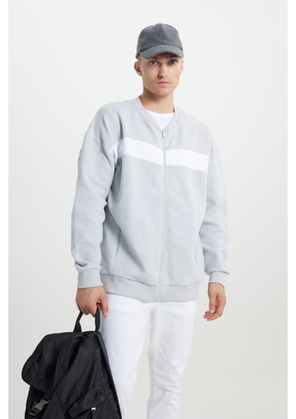 Erkek Açık Gri Oversize Bol Kesim Içi Polarlı 3 Iplik Kolej Yaka Desenli Sweatshirt Ceket fiyatları