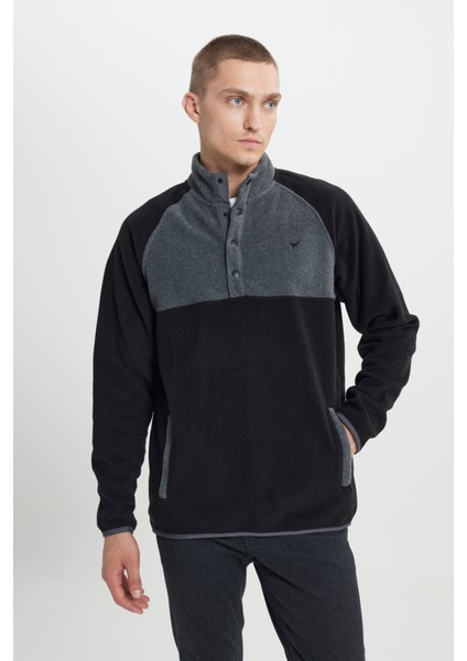 Erkek Siyah-açık Melanj Standart Fit Normal Kesim Dik Bato Yaka Desenli Polar Sweatshirt
