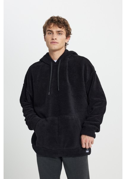 Erkek Siyah Oversize Bol Kesim Kapüşonlu Sherpa Sweatshirt Polar